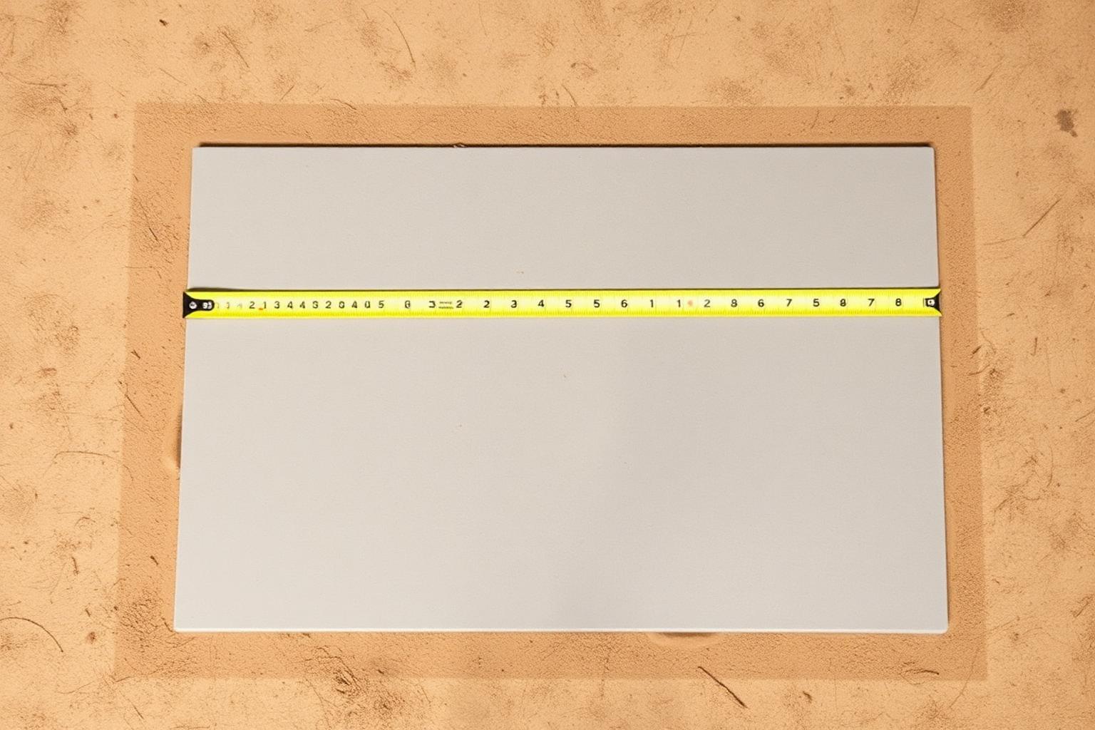 Overhead view of a rectangular patio area marked with a yellow tape measure stretched across the prepared ground to measure project length