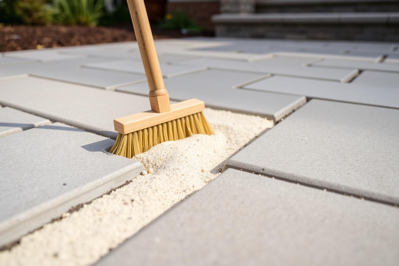 Close-up of beige polymeric joint sand being swept with a wooden push broom into the narrow gaps between newly laid gray concrete pavers on a finished patio