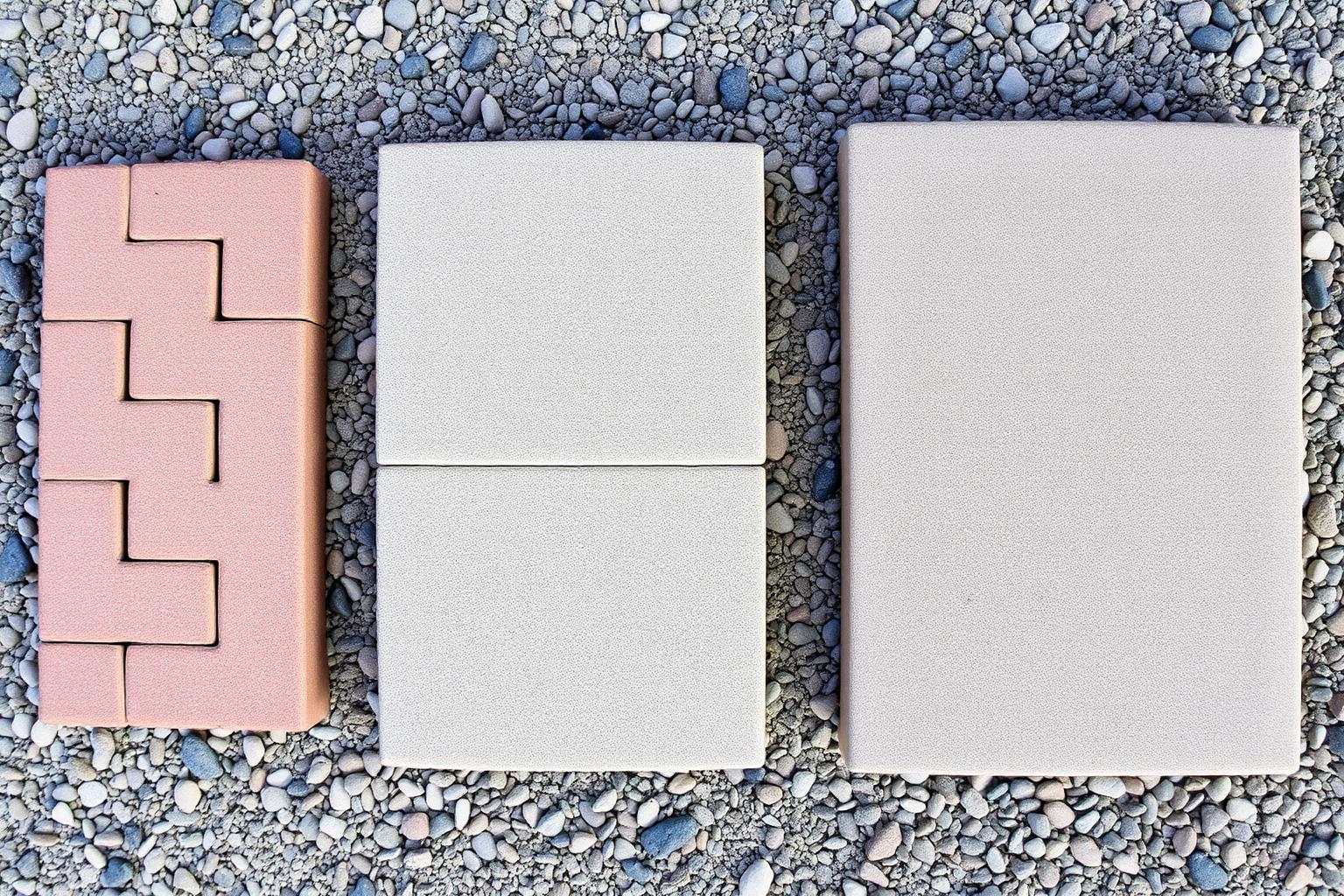 Overhead comparison of common concrete paver sizes including a 4 by 8 inch brick paver, a 6 by 6 square paver, and a 12 by 12 square slab paver arranged on gravel