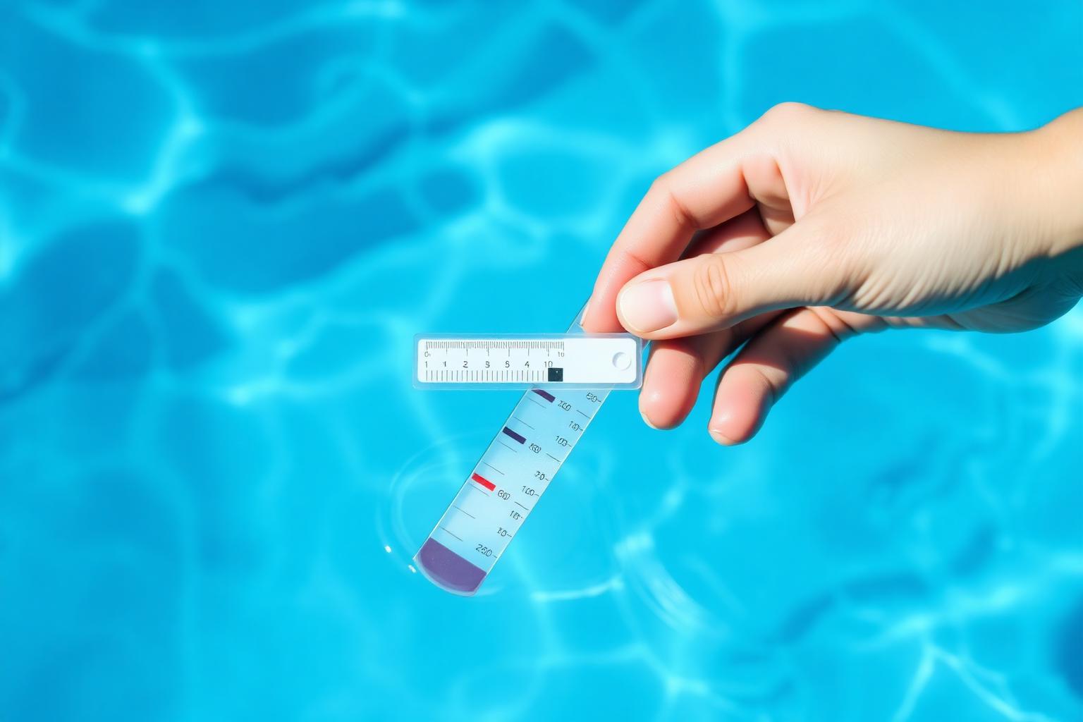 Hand holding a pool salinity test strip dipped in clear blue swimming pool water to read current ppm