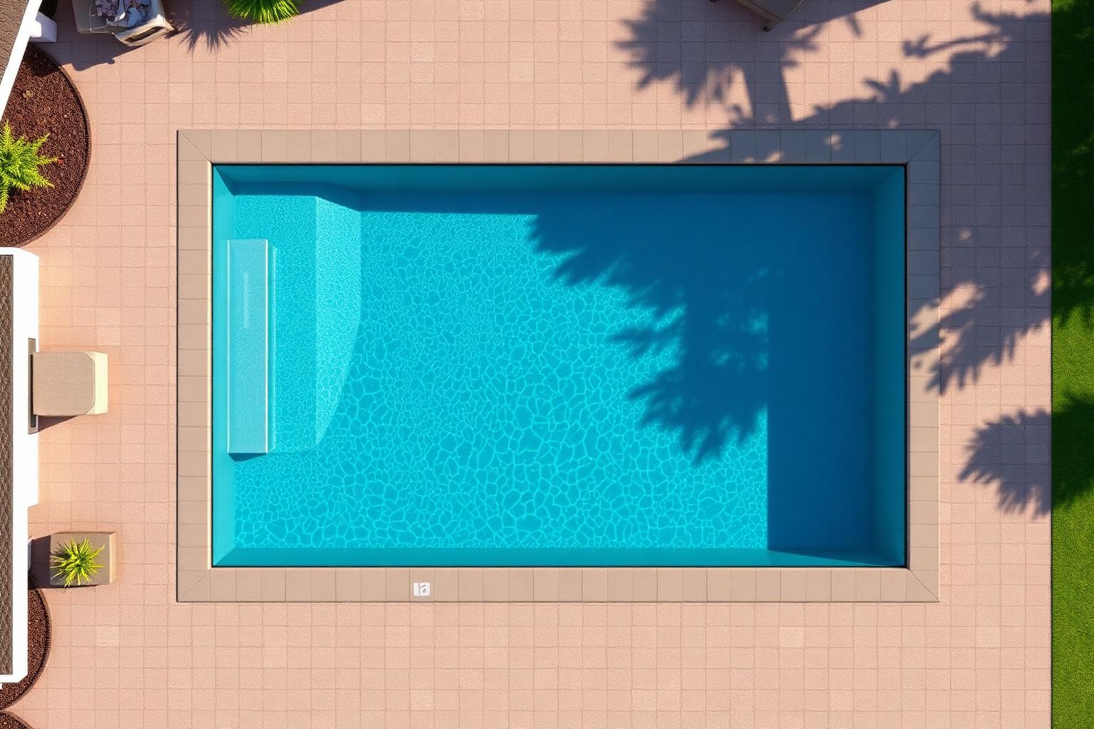 Top-down view of a rectangular backyard swimming pool used to calculate pool volume in gallons