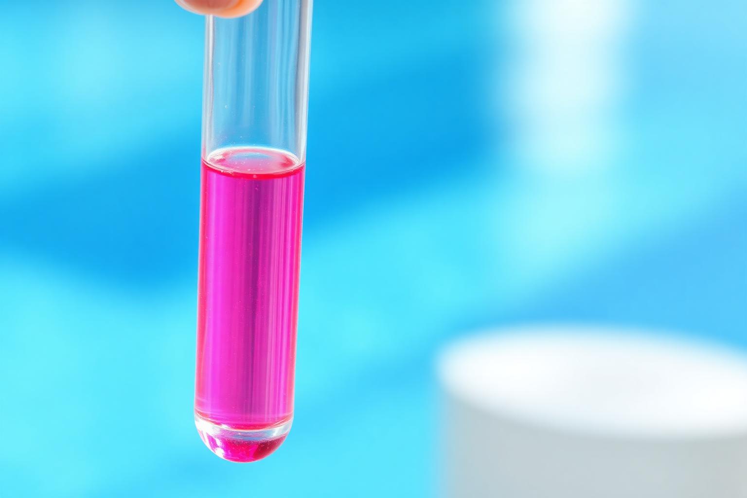 Pool water chemistry test kit bottles for pH alkalinity cyanuric acid and calcium hardness beside a pool