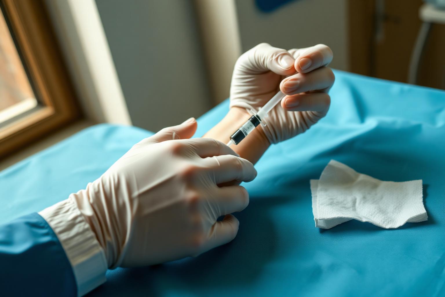 Clinician performing a radial artery puncture to draw an arterial blood gas sample