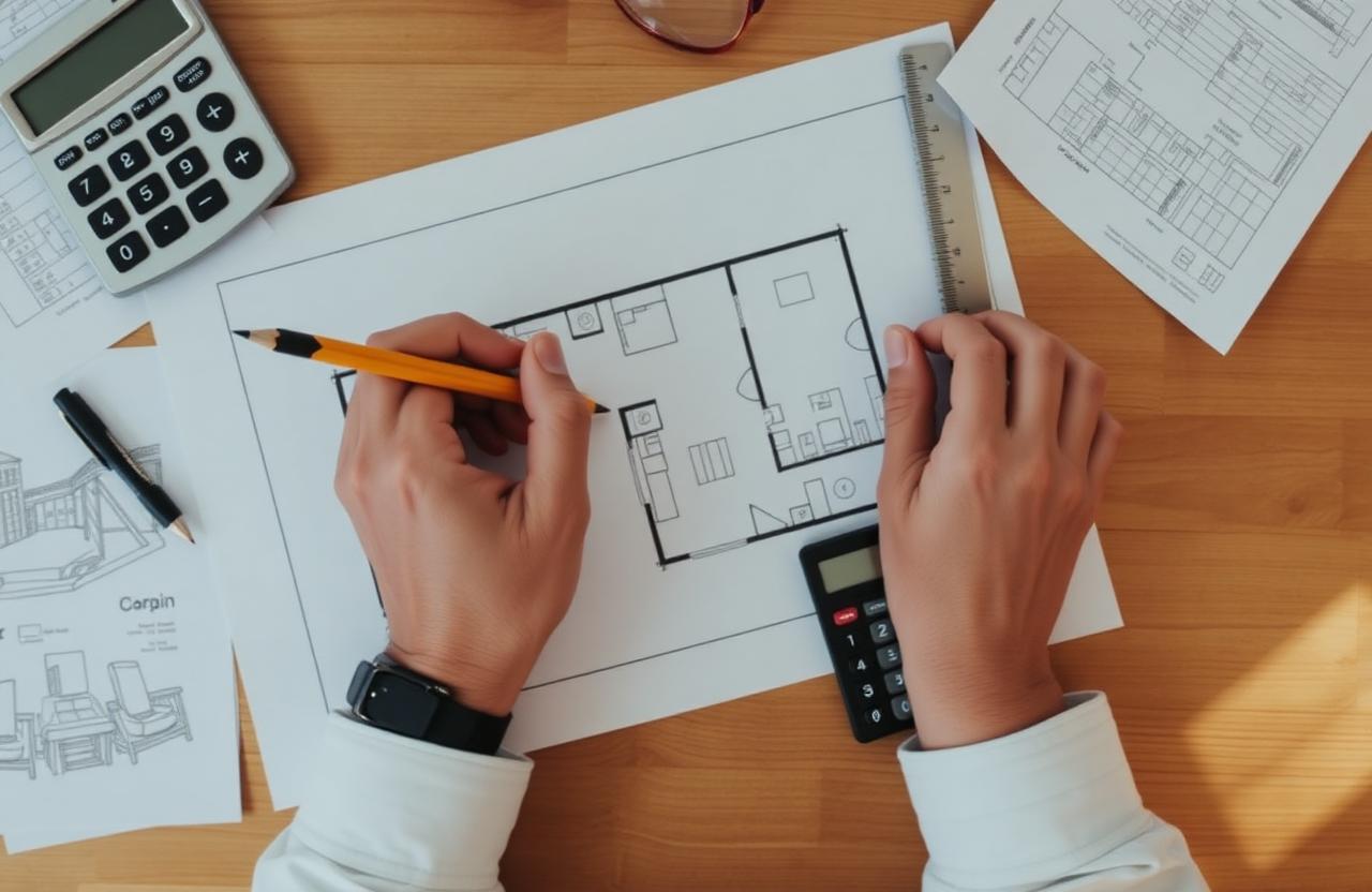 Sketching a room floor plan on graph paper with a calculator nearby — a reliable way to calculate square feet for irregular rooms.