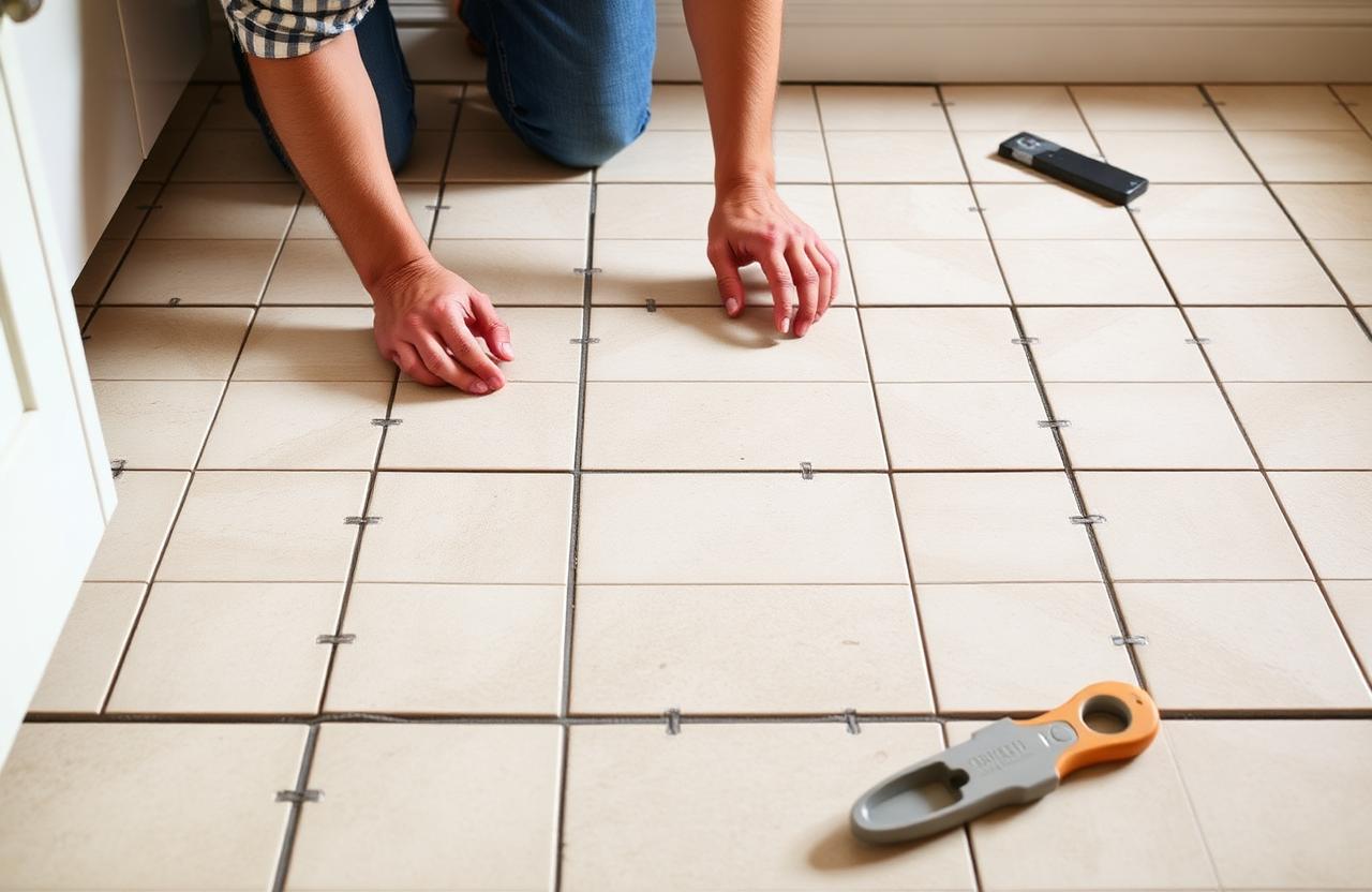 Hands installing square ceramic floor tiles in a grid pattern with tile spacers — a common project where you need to calculate square feet.