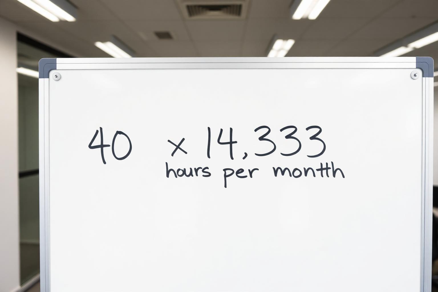 Whiteboard math showing the 40 hours times 4.33 weeks formula equals 173.33 standard monthly work hours