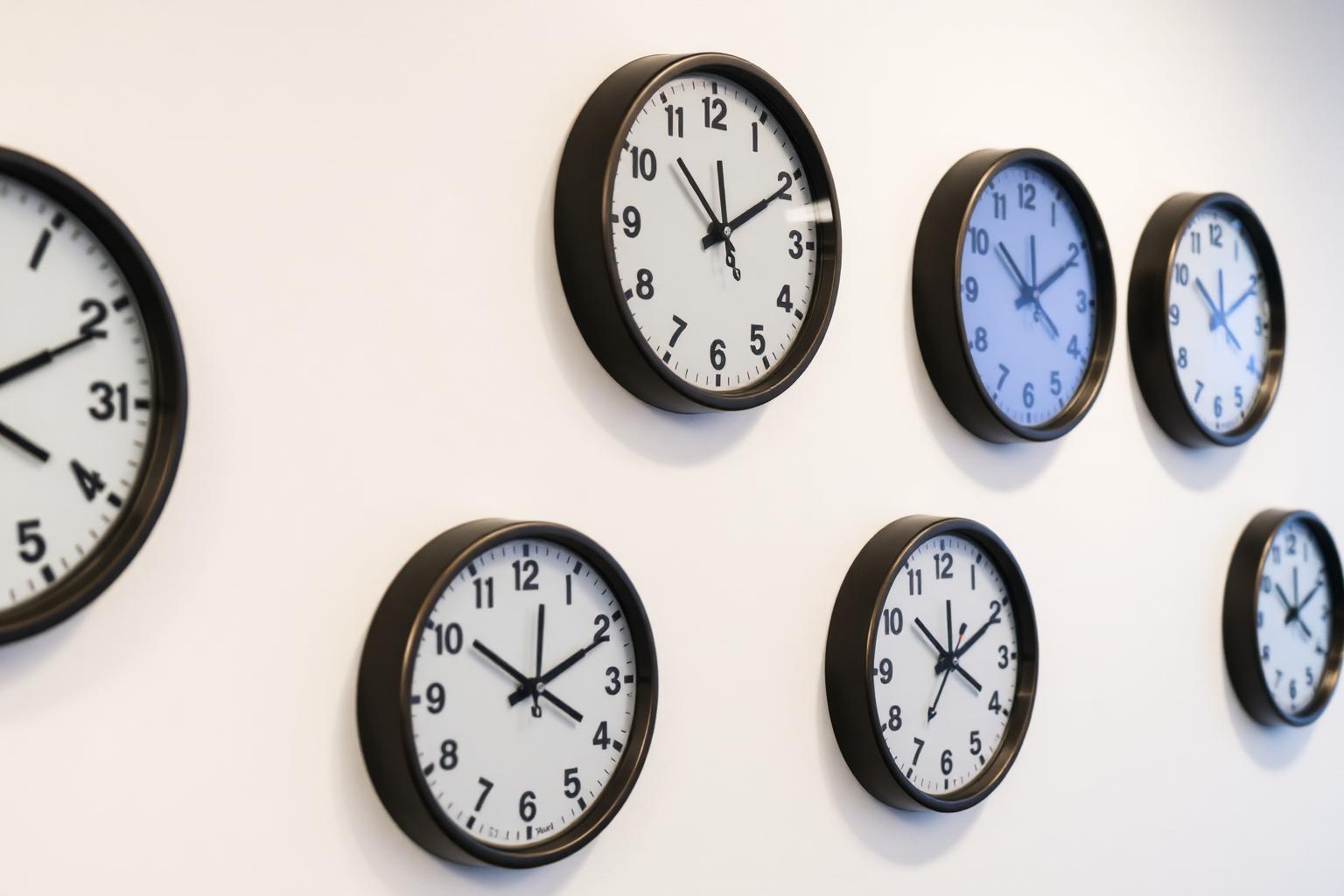 Row of analog wall clocks set to different time zones, illustrating how billing-month boundaries shift across countries