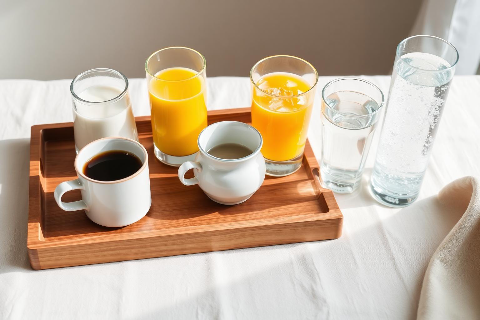 Wooden tray with a glass of milk, a mug of black coffee, a cup of green tea, fresh orange juice and a glass of sparkling water — variety of beverages contributing to daily hydration
