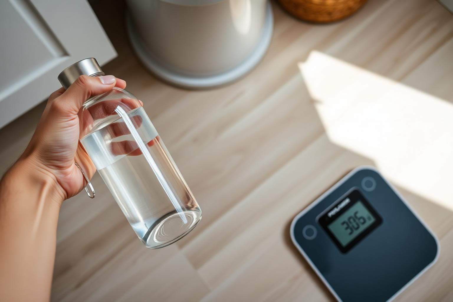Person holding a clear stainless steel water bottle next to a digital bathroom scale on a wooden floor — bodyweight-based daily water intake calculation
