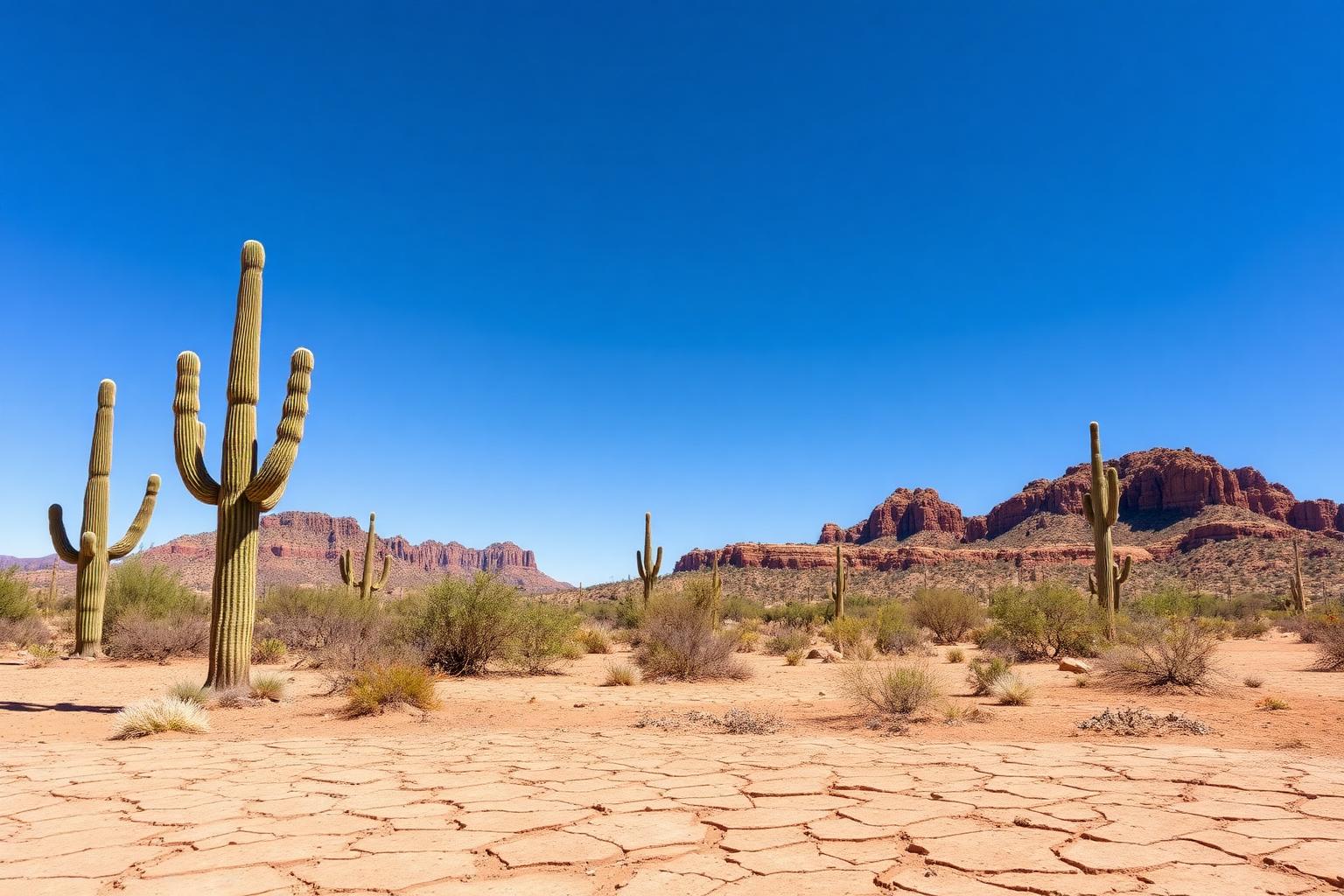 Sunlit desert landscape with cacti and dry red rocks under a clear blue sky — hot dry climate increases daily water intake needs