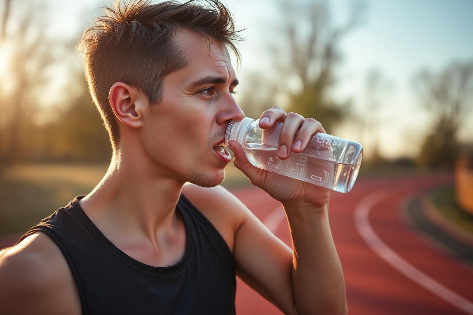Runner in athletic clothing drinking from a sports water bottle on a sunny outdoor track, sweat visible on forehead — exercise sweat fluid loss and hydration