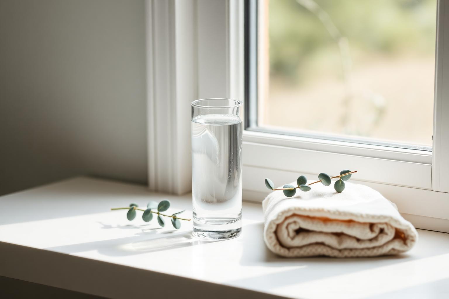 Tall glass of water on a sunlit white windowsill next to a folded cream baby blanket and a sprig of eucalyptus — calm hydration scene representing pregnancy and breastfeeding water needs