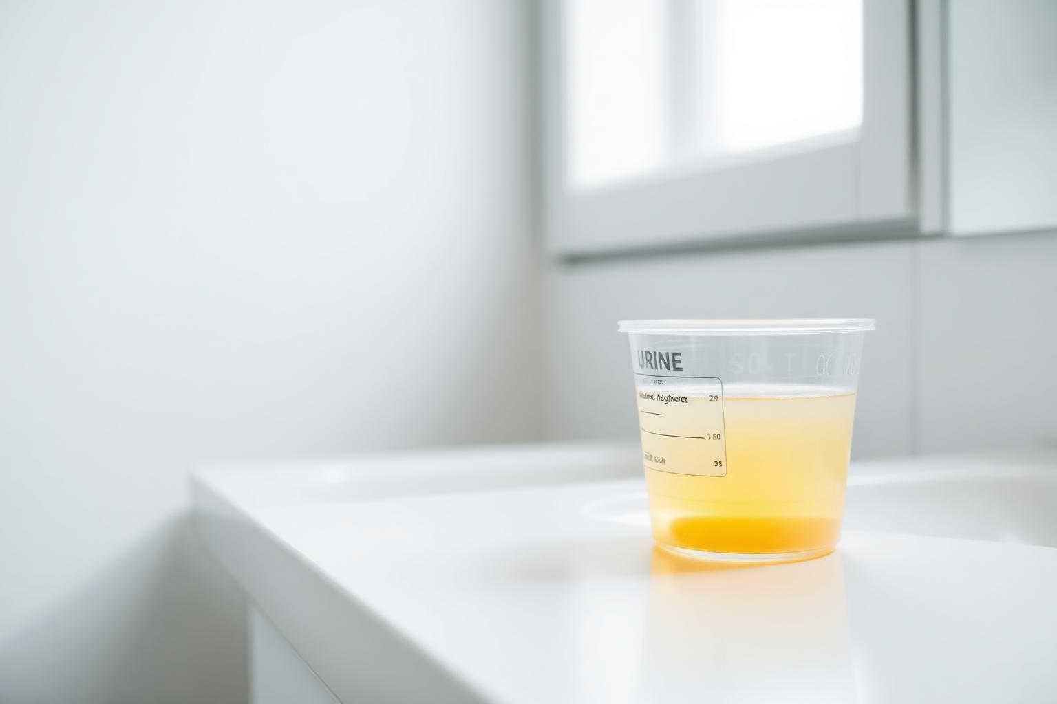Pale yellow liquid in a clear medical sample cup on a clean white bathroom counter with soft daylight — urine color hydration indicator